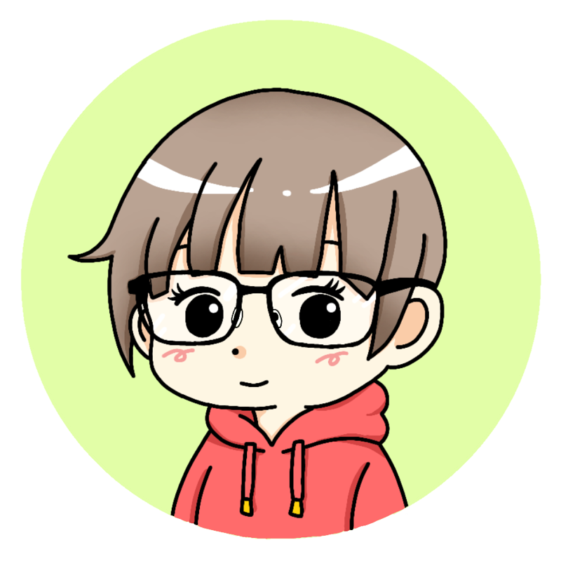 イオリのアイコン。眼鏡をかけた、赤いパーカーの人物イラスト